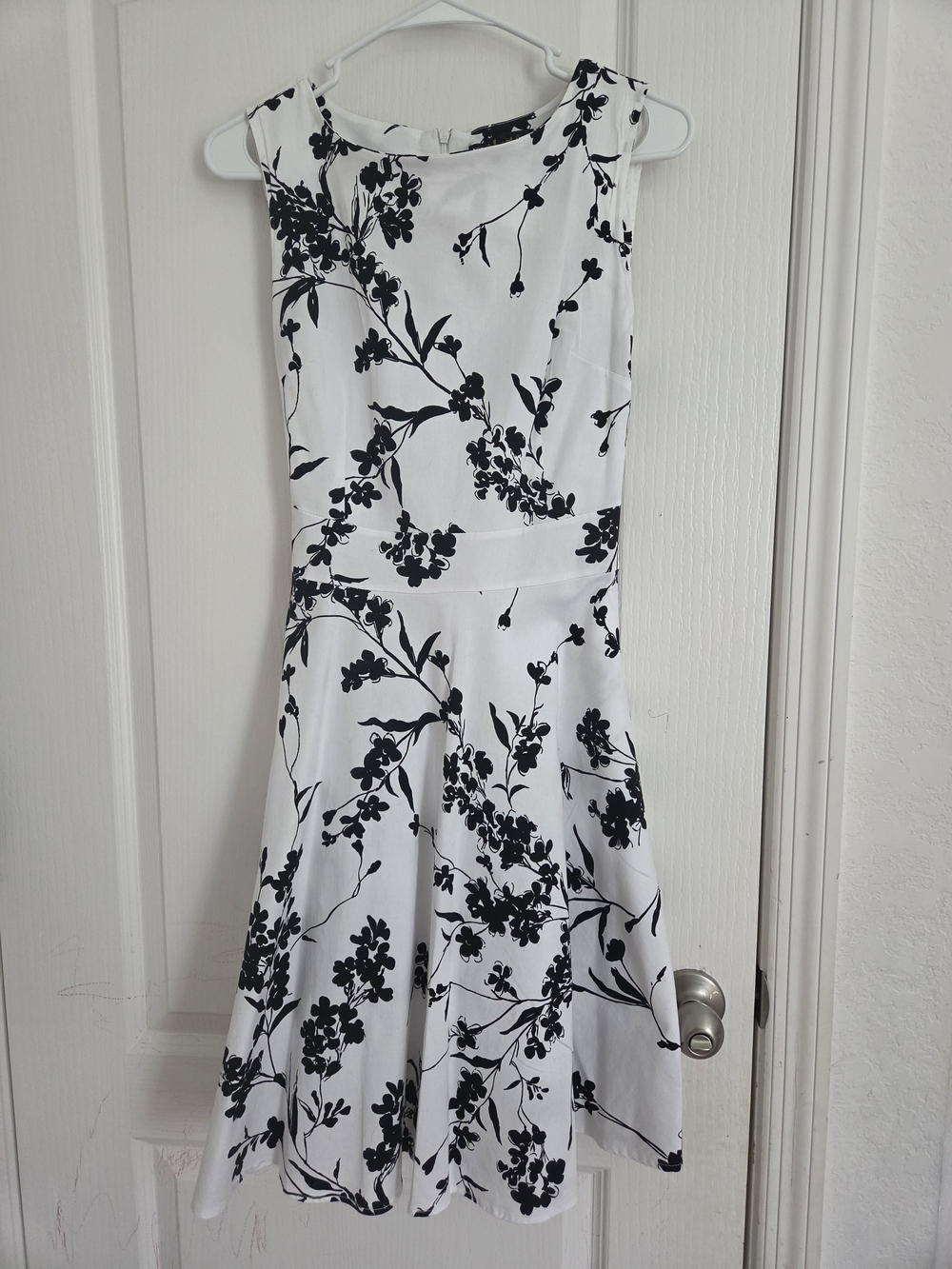 White and Black Floral Midi Dress - Sleeveless Fit-and-Flare